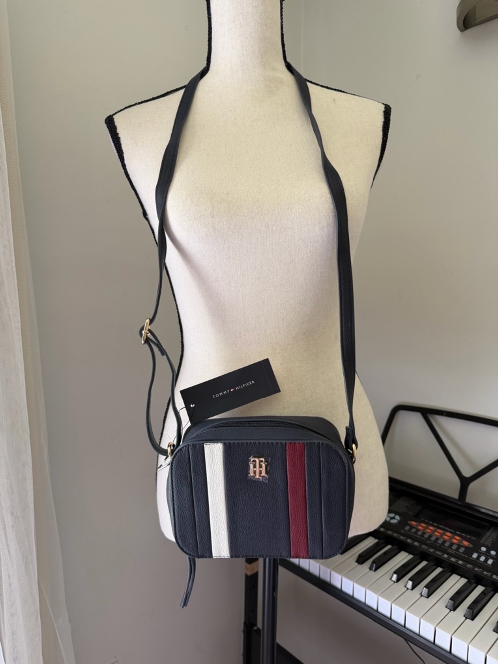 Tommy Hilfiger Black Crossbody with White and Red Stripes